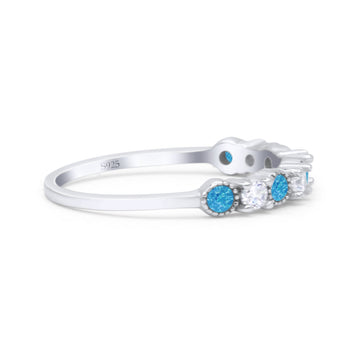 Half Eternity Ring Wedding Engagement Band Round Lab Created Blue Opal 925 Sterling Silver